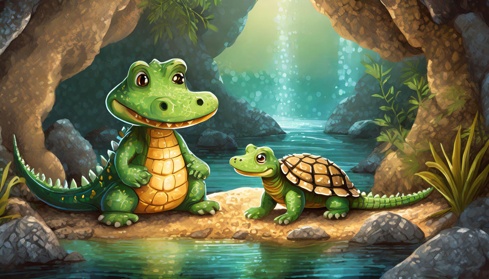 Kroko und die kleine Schildkröte in einer Höhle