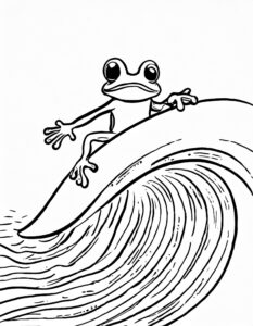 Frosch surft auf Welle